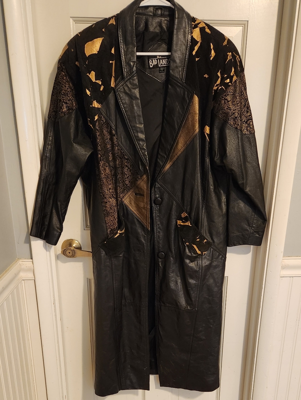 Vintage BADLANDS Black Leather Long Trench Coat with Gold Accents, Size S